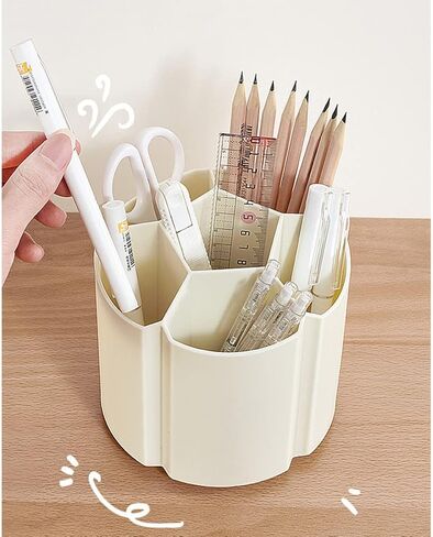 Rotating Pen Holder 360 Degree Spinning Pencil Pen Container 6 Compartments Pencil Cup Pot Makeup Brush Holder Rotating Desktop Stationary Organizer (creamy white) in Saudi Arabia