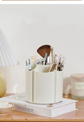 Rotating Pen Holder 360 Degree Spinning Pencil Pen Container 6 Compartments Pencil Cup Pot Makeup Brush Holder Rotating Desktop Stationary Organizer (creamy white) in Saudi Arabia