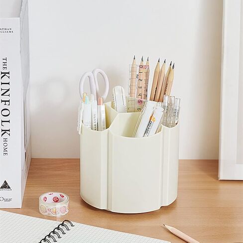 Rotating Pen Holder 360 Degree Spinning Pencil Pen Container 6 Compartments Pencil Cup Pot Makeup Brush Holder Rotating Desktop Stationary Organizer (creamy white) in Saudi Arabia