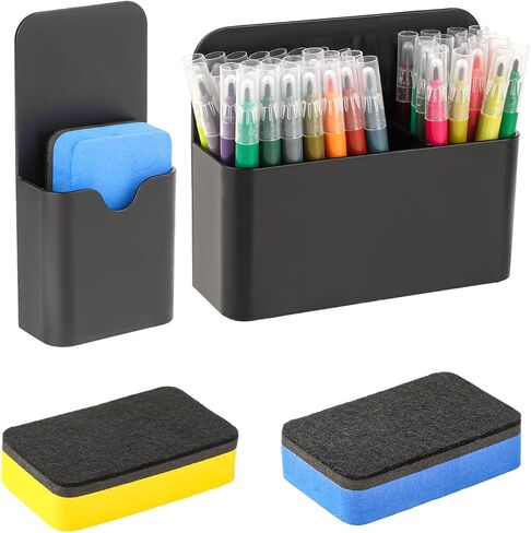 2 Pcs Magnetic Pen Holder with Magnetic Blackboard Erase, Magnetic Dry Erase Whiteboard Marker Holder, White Magnetic Wall Pen Holder For Whiteboard Fridge Refrigerator Office Home(Black) in Saudi Arabia