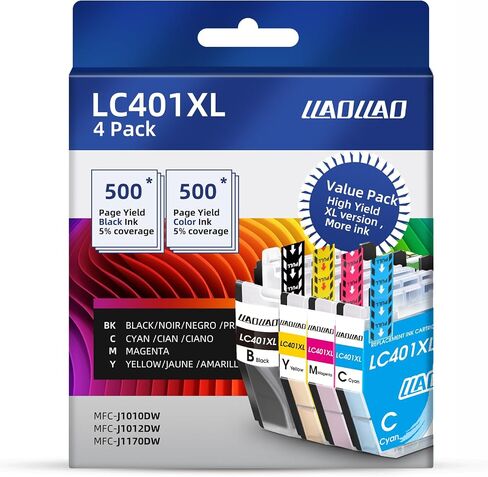 LLAOLLAO LC401XL Ink Cartridges Compatible Replacement for Brother LC401 XL for Brother MFC-J1010DW MFC-J1012DW MFC-J1170DW Printer Black Cyan Magenta Yellow (4 Pack) in Saudi Arabia