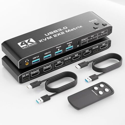 محول KVM 4K@60 هرتز لشاشتين وجهاز كمبيوتر، شاشة مزدوجة HDMI Matrix 4 في 2 خارج عرض ممتد، مفتاح KVM مع 4 منافذ USB 3.0، 4 منافذ HDMI ومنفذين HDMI خارج، يدعم مفتاح التشغيل السريع وجهاز التحكم عن بعد in Kuwait