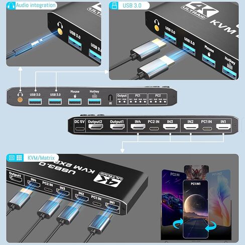 محول KVM 4K@60 هرتز لشاشتين وجهاز كمبيوتر، شاشة مزدوجة HDMI Matrix 4 في 2 خارج عرض ممتد، مفتاح KVM مع 4 منافذ USB 3.0، 4 منافذ HDMI ومنفذين HDMI خارج، يدعم مفتاح التشغيل السريع وجهاز التحكم عن بعد in Kuwait