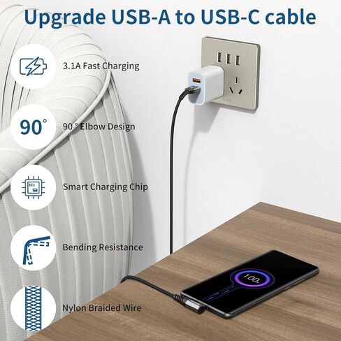 كابل USB من النوع C (2 حزمة 3.3 قدم)، USB A إلى USB C 3.1A سلك شاحن شحن سريع الزاوية اليمنى لهاتف Samsung Galaxy S23 S22 S21 S20 S10 S9 S8 Plus، Note 20 10 9 8، A10e A13 A20 A50 A51 A71 A73 ‎موتو جي7 جي8 in Kuwait