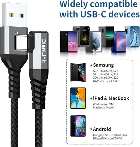 كابل USB من النوع C (2 حزمة 3.3 قدم)، USB A إلى USB C 3.1A سلك شاحن شحن سريع الزاوية اليمنى لهاتف Samsung Galaxy S23 S22 S21 S20 S10 S9 S8 Plus، Note 20 10 9 8، A10e A13 A20 A50 A51 A71 A73 ‎موتو جي7 جي8 in Kuwait