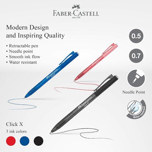 مجموعة أقلام Faber-Castell Click X Ball مكونة من 4 أقلام (0.5/0.7 مم - أسود/أزرق/أحمر) - فائقة النعومة، قبضة مريحة، مقاومة للماء، تم تطويرها باستخدام قلم حبر ألماني، قلم خالٍ من التلطيخ (0.5 مم (أزرق)) in Saudi Arabia