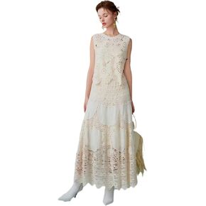 ChicVibes Women's High-Waisted Crochet Lace Maxi Skirt with Floral Cutout Design, A-Line Embroidered Skirt & Opaque Lining in Saudi Arabia