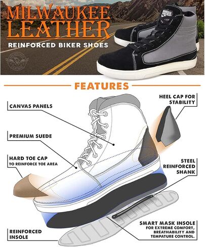 Milwaukee Leather MBM9112 من جلد الغزال الأسود للرجال مع قماش رمادي معزز بأحذية ركوب الشوارع مع دعم الكاحل - 9 in Saudi Arabia