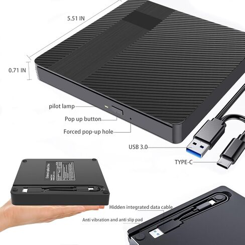 External Blu-ray Drives DVD/CD/BD Burner For Laptop USB 3.0 Portable BD CD DVD Reader Writer Player 3D Optical Drive Disc Duplicators Compatible with Laptop Desktop PC Windows Mac Pro MacBook Linux in Kuwait