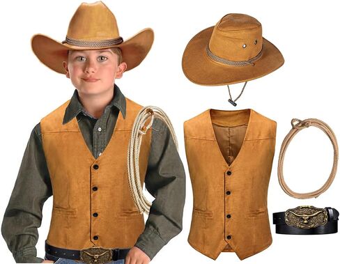 KAIPUTE Kids Western Cowboy Costume Boys Vest Hat Belt for Halloween Party Cosplay in Saudi Arabia