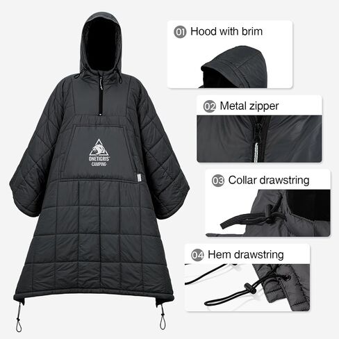 OneTigris Camping Blanket Honcho Poncho with 3M Thinsulate Insulation,Wearable Sleeping Bag Poncho for Camping Large Ultralight Water-Resisitant Warm Wearable Blanket for Outdoor Camping,Hiking in Saudi Arabia