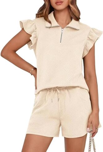 Women's Textured Two Piece Lounge Set - Zipped Turn-Down Collar Ruffle Sleeve Top & Drawstring Shorts for Summer in Saudi Arabia