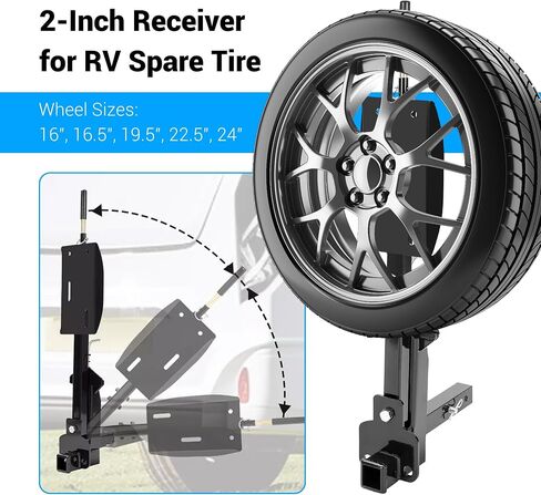 حاملة إطارات Kojem RV مقابل 16 "16.5" 19.5 "22.5" و 24 "عجلات Motorhomes RV 2 بوصة ، سعة 10،000 رطل ، وزن لسان 400 رطل in Saudi Arabia