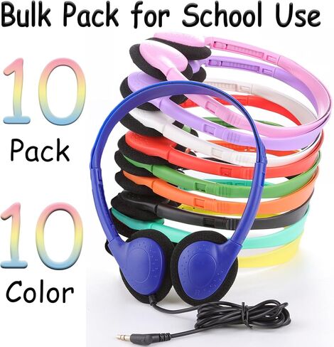 سماعات رأس للأطفال للفصول المدرسية 10 عبوات، سماعات رأس سلكية على الأذن بمقبس 3.5 مم للأطفال والطلاب (10 ألوان) in Kuwait