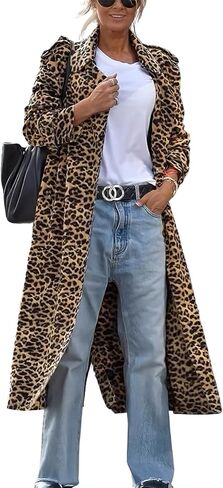 ebossy Women's Fashion Lapel Leopard Trench Coat Open Front Loose Lightweight Velvet Mid Long Peacoat (M, Leopard) in Saudi Arabia