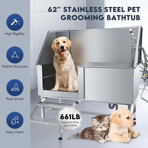 Dog Bath Tub 34'' Small Dogs, Pet Grooming Bahtub Home Washing Station for Small Pets Stainless Steel with Sliding Doors, Left Steps in Saudi Arabia