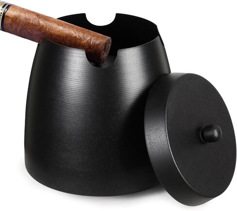 Cigar Ashtray with Lid for Outdoors Indoors Outside Patio Home Black Decor,Large Holder Ash tray Windproof,Cigar Accessories Gift for Men Dad Husband Boyfriend (Large) in Saudi Arabia