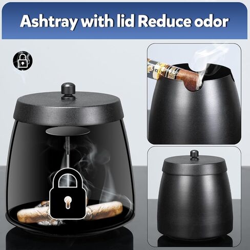 Cigar Ashtray with Lid for Outdoors Indoors Outside Patio Home Black Decor,Large Holder Ash tray Windproof,Cigar Accessories Gift for Men Dad Husband Boyfriend (Large) in Saudi Arabia