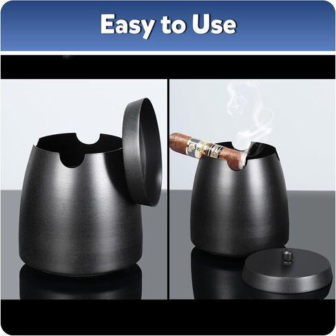 Cigar Ashtray with Lid for Outdoors Indoors Outside Patio Home Black Decor,Large Holder Ash tray Windproof,Cigar Accessories Gift for Men Dad Husband Boyfriend (Large) in Saudi Arabia
