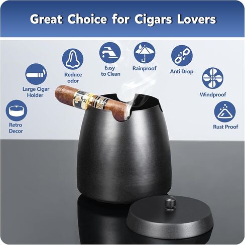 Cigar Ashtray with Lid for Outdoors Indoors Outside Patio Home Black Decor,Large Holder Ash tray Windproof,Cigar Accessories Gift for Men Dad Husband Boyfriend (Large) in Saudi Arabia