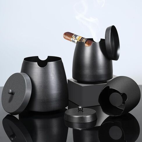 Cigar Ashtray with Lid for Outdoors Indoors Outside Patio Home Black Decor,Large Holder Ash tray Windproof,Cigar Accessories Gift for Men Dad Husband Boyfriend (Large) in Saudi Arabia