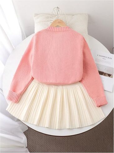 SHENHE Girl's 2 Piece Outfits Crew Neck Button Down Bow Cardigan and Pleated Sweater Skirt Set in Saudi Arabia
