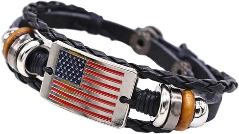 USemporium Unisex Black Leather Braided Bracelet with Wooden and Metal Beads, Sterling Silver American Flag Charm - Patriotic Jewelry for Men and Women,Military,Police Adjustable Wristband, 0.35 in Saudi Arabia