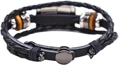 USemporium Unisex Black Leather Braided Bracelet with Wooden and Metal Beads, Sterling Silver American Flag Charm - Patriotic Jewelry for Men and Women,Military,Police Adjustable Wristband, 0.35 in Saudi Arabia