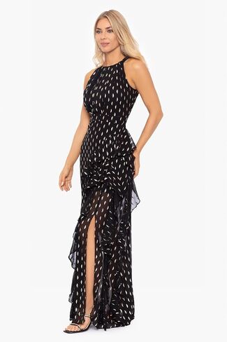 Betsy & Adam Women's Long Halter Chiffon Clip Dot in Saudi Arabia