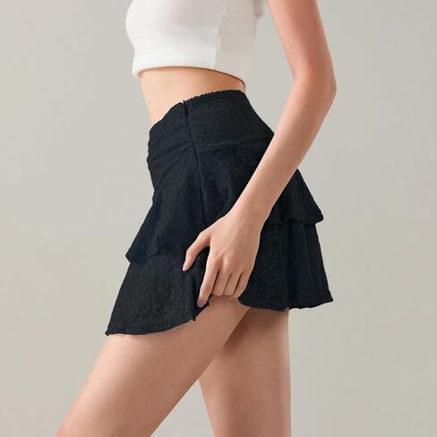 Women Mini Skirts Floral Lace Slip Skirt Low Waist Ruffle Layered Pleated Skirts Y2k Tiered Short Skirt in Saudi Arabia