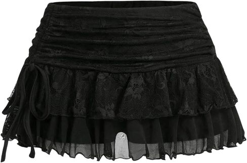 SHENHE Women's Lace Mini Skirt Y2k Low Rise Ruched Layered Ruffle Skirt in Saudi Arabia