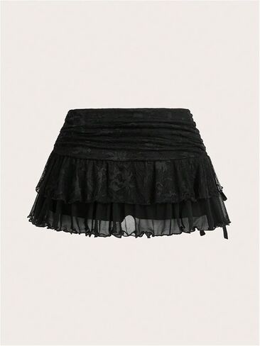 SHENHE Women's Lace Mini Skirt Y2k Low Rise Ruched Layered Ruffle Skirt in Saudi Arabia