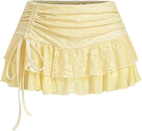 SHENHE Women's Lace Mini Skirt Y2k Low Rise Ruched Layered Ruffle Skirt in Saudi Arabia