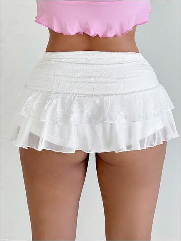 SHENHE Women's Lace Mini Skirt Y2k Low Rise Ruched Layered Ruffle Skirt in Saudi Arabia