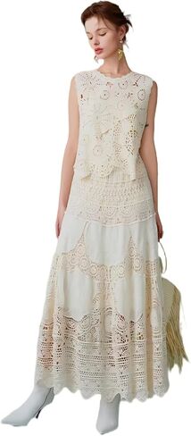 ChicVibes Women's High-Waisted Crochet Lace Maxi Skirt with Floral Cutout Design, A-Line Embroidered Skirt & Opaque Lining in Saudi Arabia