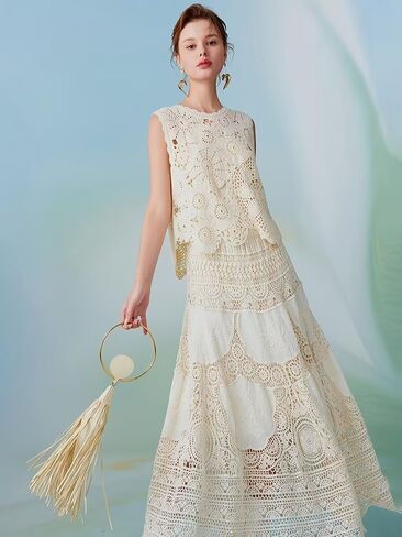 ChicVibes Women's High-Waisted Crochet Lace Maxi Skirt with Floral Cutout Design, A-Line Embroidered Skirt & Opaque Lining in Saudi Arabia
