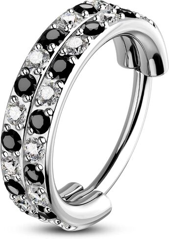 OUFER 20G Checkerboard Nose Rings For Women, 316L Surgical Steel Nose Rings Hoops, Black and Clear Cyrstal Double Hoop Hinged Segment Septum Conch Helix Lip Body Piercing Jewelry for Men-6/7/8MM in Saudi Arabia