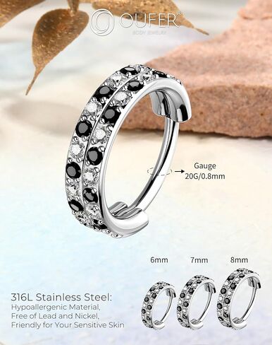 OUFER 20G Checkerboard Nose Rings For Women, 316L Surgical Steel Nose Rings Hoops, Black and Clear Cyrstal Double Hoop Hinged Segment Septum Conch Helix Lip Body Piercing Jewelry for Men-6/7/8MM in Saudi Arabia