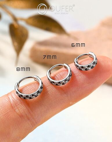 OUFER 20G Checkerboard Nose Rings For Women, 316L Surgical Steel Nose Rings Hoops, Black and Clear Cyrstal Double Hoop Hinged Segment Septum Conch Helix Lip Body Piercing Jewelry for Men-6/7/8MM in Saudi Arabia