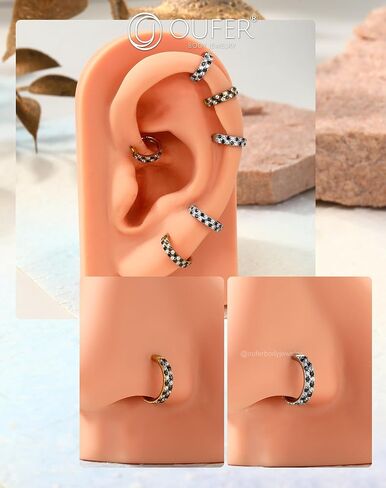 OUFER 20G Checkerboard Nose Rings For Women, 316L Surgical Steel Nose Rings Hoops, Black and Clear Cyrstal Double Hoop Hinged Segment Septum Conch Helix Lip Body Piercing Jewelry for Men-6/7/8MM in Saudi Arabia