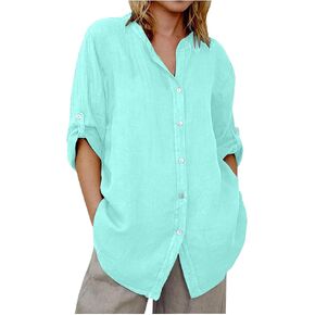 Cotton Linen Shirts for Women Summer Fall 2025 Roll up Long Sleeve Tops V Ncek Button Blouese Seniors Gauze Clothes in Saudi Arabia