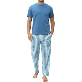 Mens Pajamas Set Cotton Short Sleeve and Pants 2 Piece PJ Set Soft Comfy Loungewear Men's Nightwear Set with Pockets in Kuwait