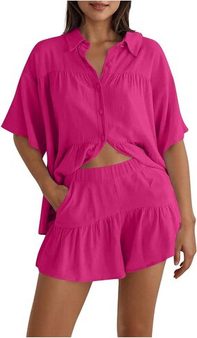 Womens Two Piece Lounge Sets 2025 Casual Summer Outfits Loose Fit Button Down Shirts and Short Matching Pajamas Sets in Saudi Arabia