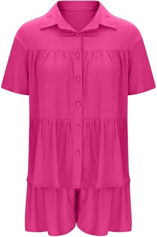 Womens Two Piece Lounge Sets 2025 Casual Summer Outfits Loose Fit Button Down Shirts and Short Matching Pajamas Sets in Saudi Arabia