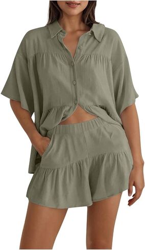Womens Two Piece Lounge Sets 2025 Casual Summer Outfits Loose Fit Button Down Shirts and Short Matching Pajamas Sets in Saudi Arabia