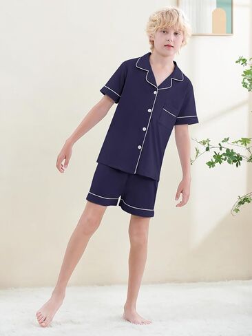 umeyda boys pajamas ، 100 ٪ cotton Kids Soft Short sleeve button button button down disual 3 pcs pjs for ages 4-12 in Kuwait