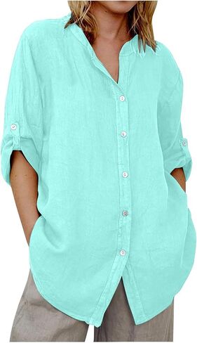Cotton Linen Shirts for Women Summer Fall 2025 Roll up Long Sleeve Tops V Ncek Button Blouese Seniors Gauze Clothes in Saudi Arabia