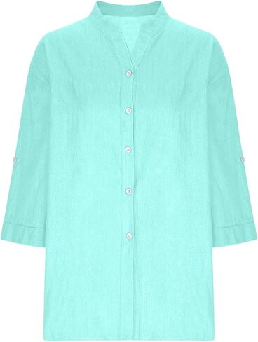Cotton Linen Shirts for Women Summer Fall 2025 Roll up Long Sleeve Tops V Ncek Button Blouese Seniors Gauze Clothes in Saudi Arabia
