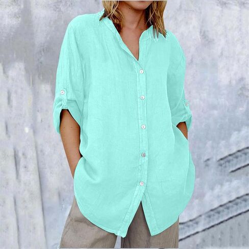 Cotton Linen Shirts for Women Summer Fall 2025 Roll up Long Sleeve Tops V Ncek Button Blouese Seniors Gauze Clothes in Saudi Arabia