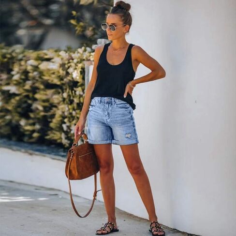 JIEMUXIU Jean Shorts Womens High Waisted Shorts Petite Length Frayed Hem Denim Hot Short Pants Vacation Beach Short in Saudi Arabia
